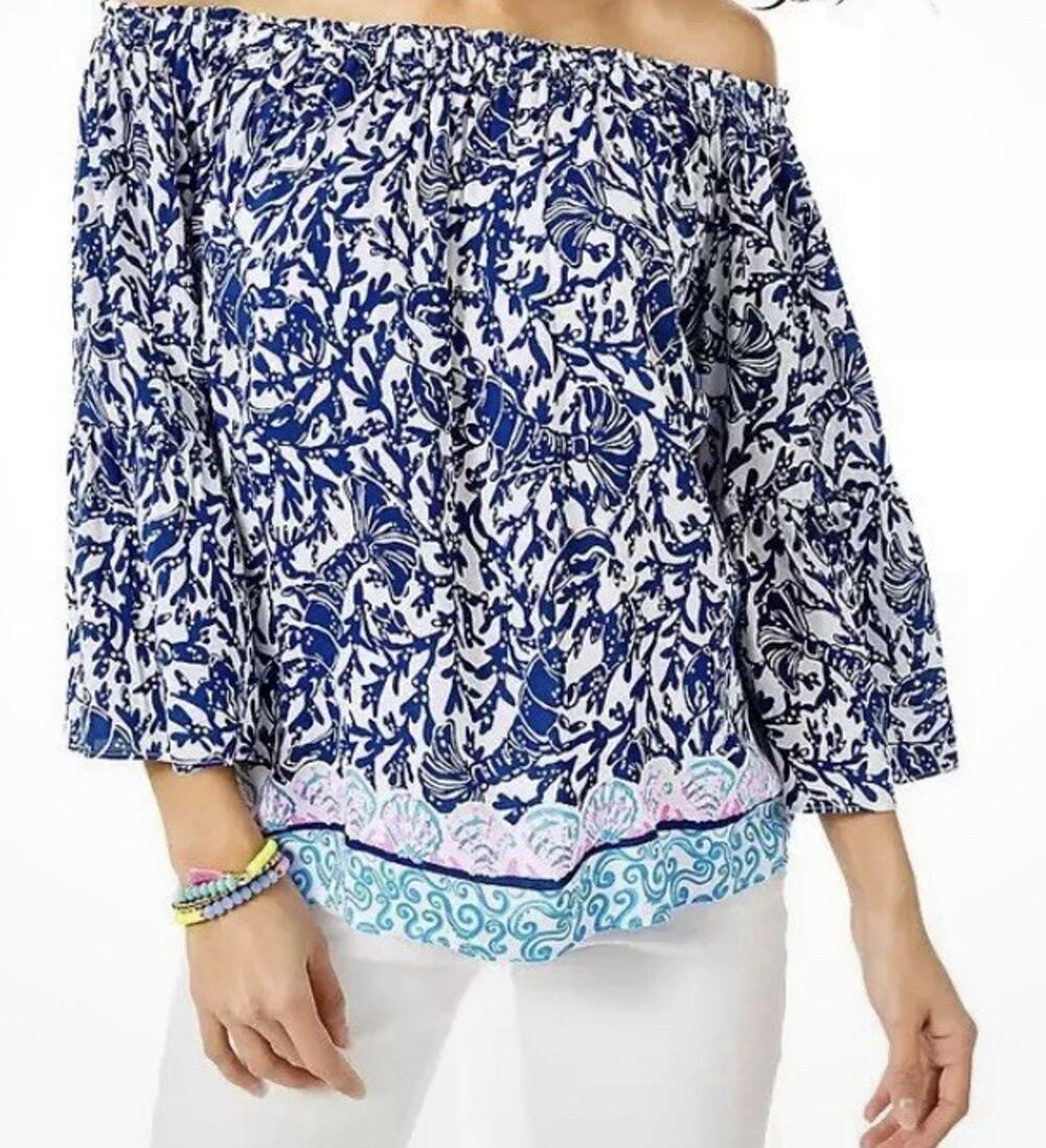 LILLY PULITZER NEVIE OFF-THE-SHOULDER TOP *KRILLIN IT* OYSTER BAY BLUE WHITE